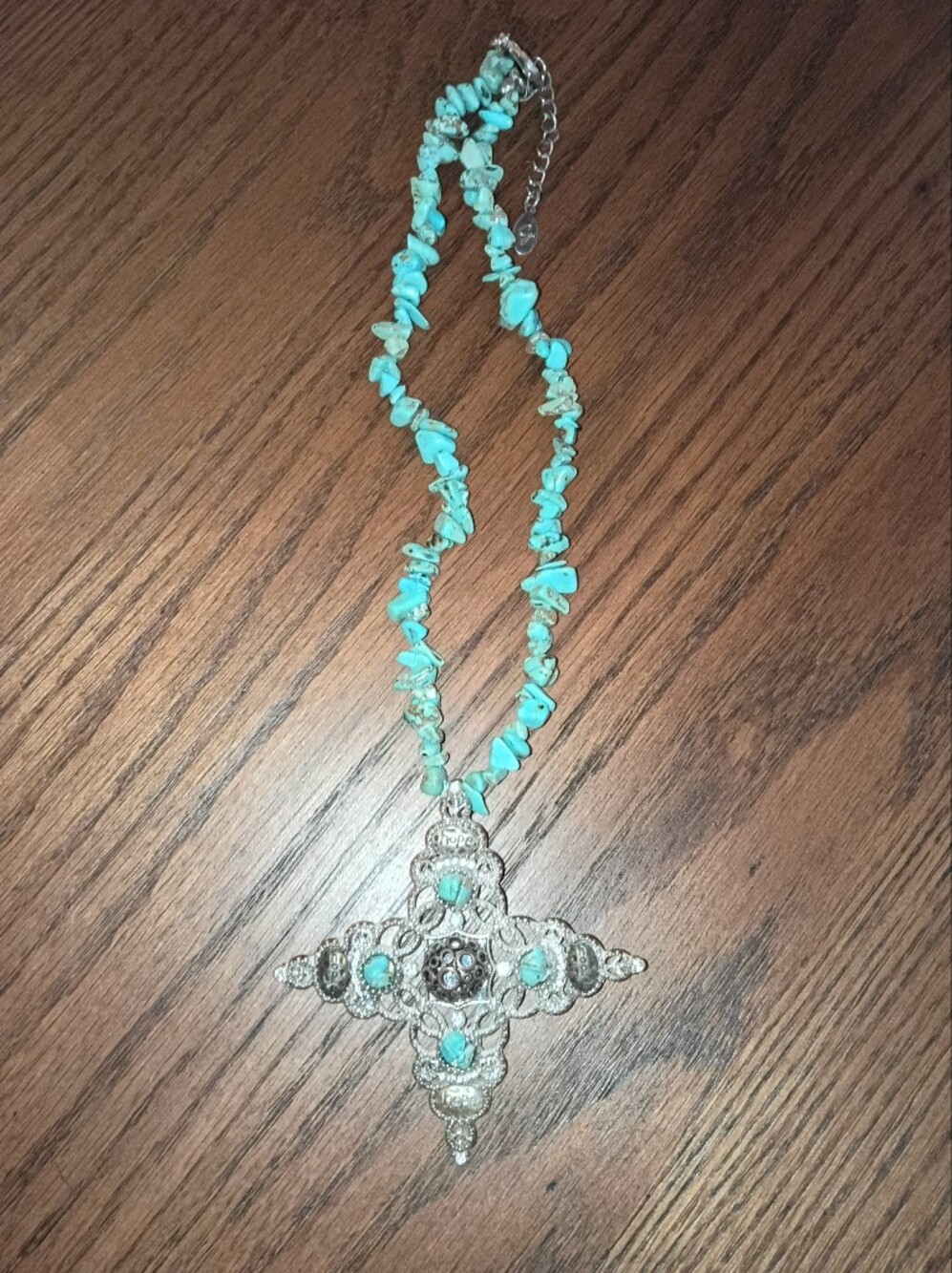 Turquoise Chip Bead Necklace with Silver Filigree Pendant